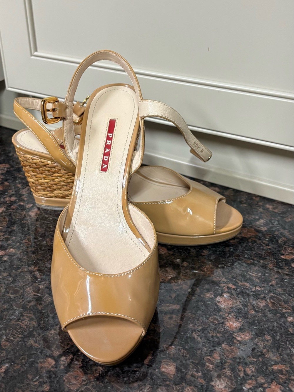Prada Nude Patent Leather Wedge Sandals with Woven Heel